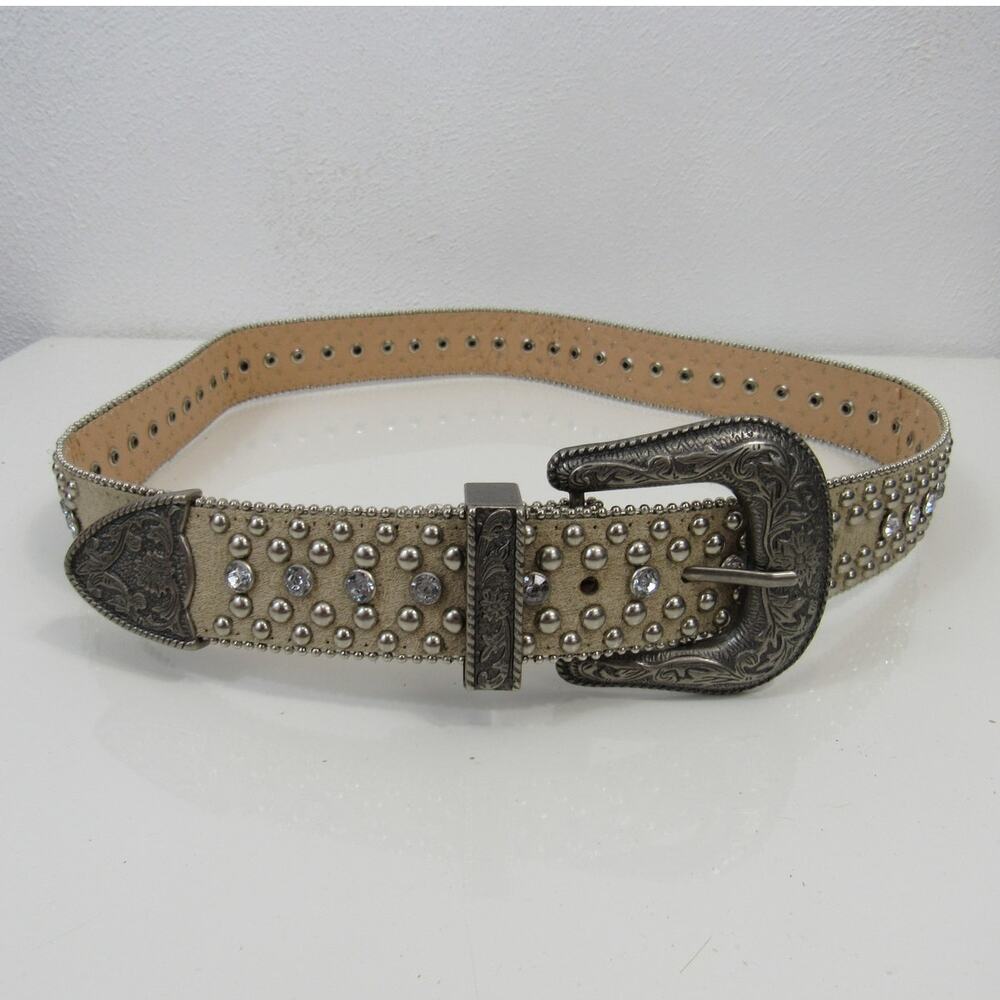 GUESS Jade Western Belt Studded Cream Brushed Silver Size Medium Cowgirl